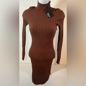 Hera Collection Turtleneck Dress Women’s Brown Sz M Heather Ribbed Knit Fitted